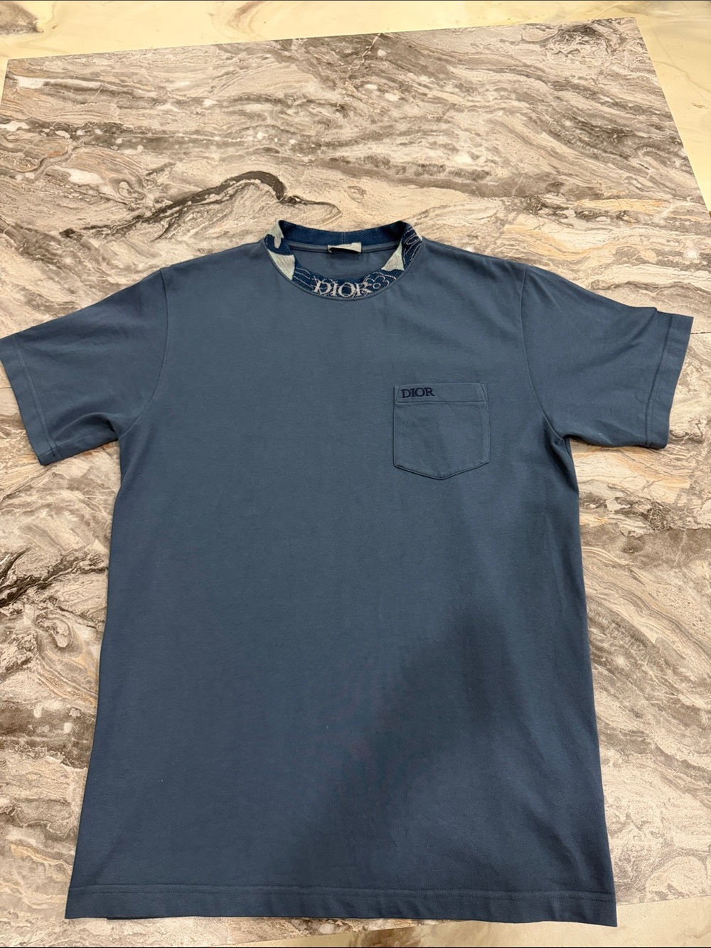 Dior Blue Short Sleeve Pocket Tee with Logo Trim